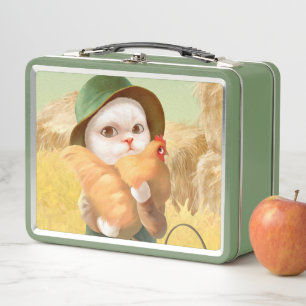 Adorable Cat with Hen on Farm Metal Lunch Box