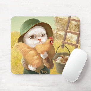 Adorable Cat with Hen on Farm Mouse Mat
