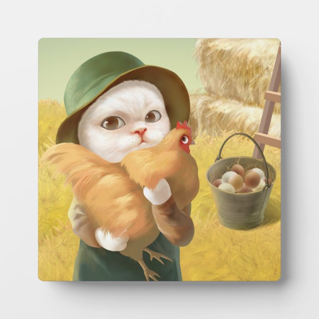 Adorable Cat with Hen on Farm Plaque (Front)