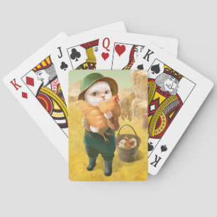 Adorable Cat with Hen on Farm Playing Cards