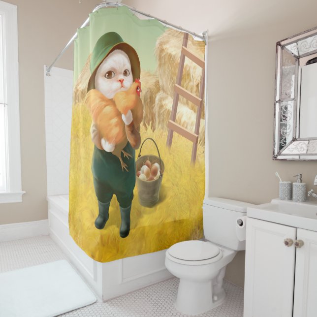 Adorable Cat with Hen on Farm Shower Curtain (In Situ)