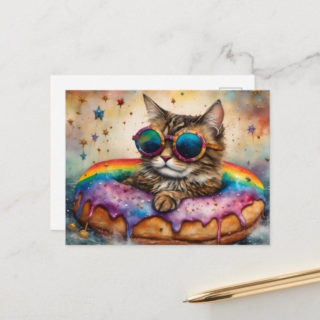 Adorable Cat With on Doughnut Floatation Device Postcard (Front/Back In Situ)
