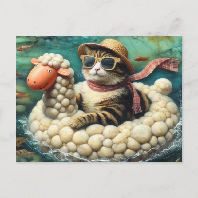 Adorable Cat With on Sheep Floatie Postcard (Front)