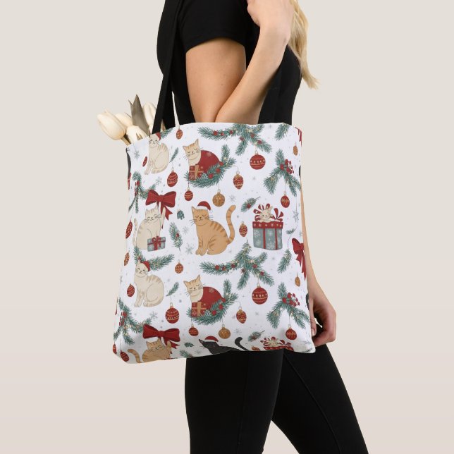 Adorable Cats and Christmas Pattern Tote Bag (Close Up)