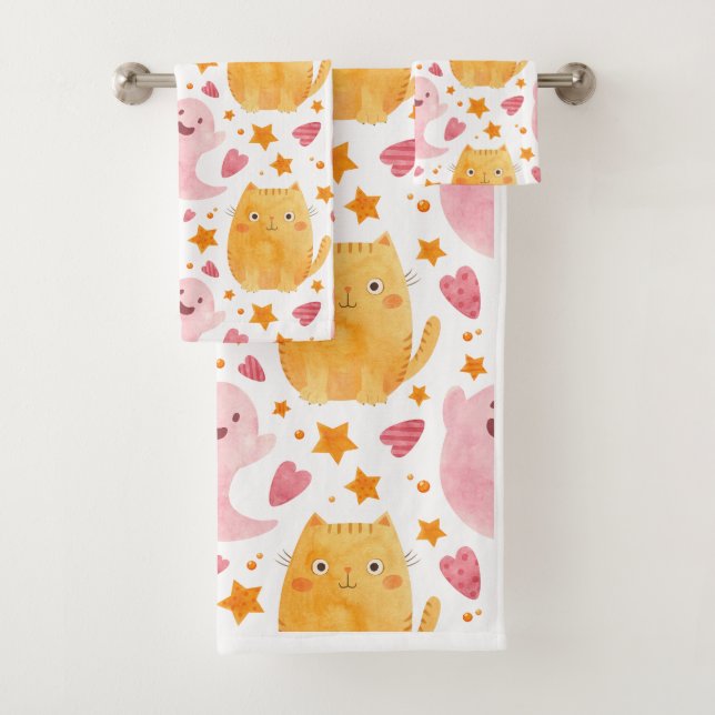 Adorable Cats and Ghosts Pattern  Bath Towel Set (Insitu)