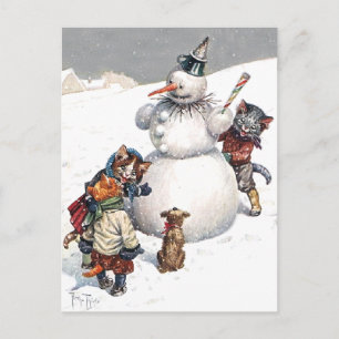 Adorable Cats Building a Snowman Holiday Postcard