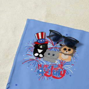 Adorable Cats Happy 4th of July Beach Towel