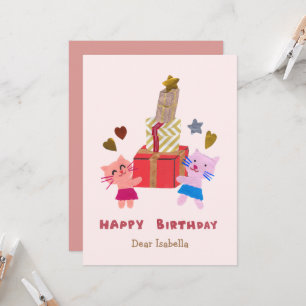 Adorable Cats Holding Gifts Pink Happy Birthday Card