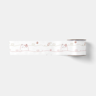 Adorable Cats Peeking Over Hearts Satin Ribbon