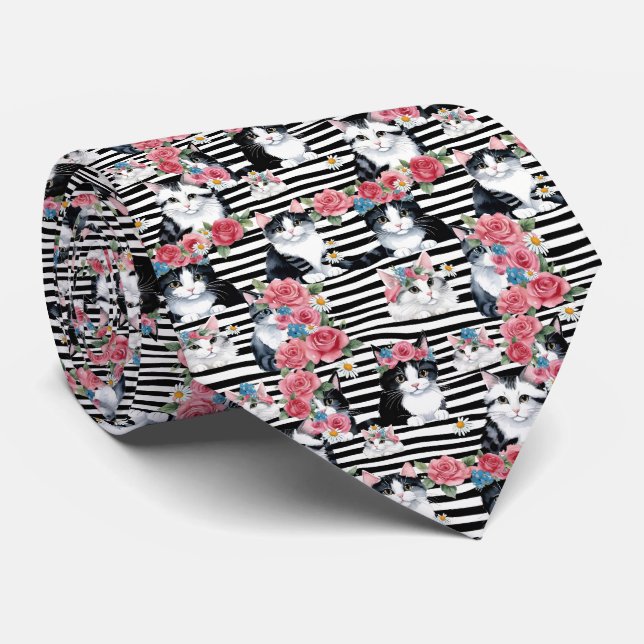 Adorable Cats Pink Roses and Black Stripes Tie (Rolled)