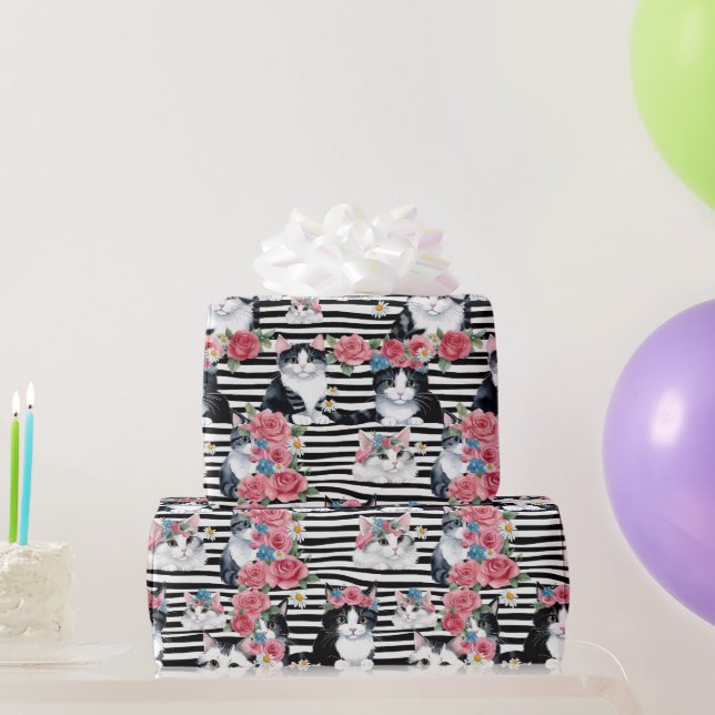 Adorable Cats Pink Roses and Black Stripes Wrapping Paper (Party Gifts)