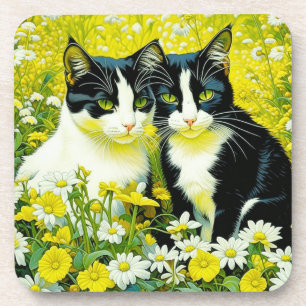 Adorable Cats sitting in a field of Daisies  Coaster