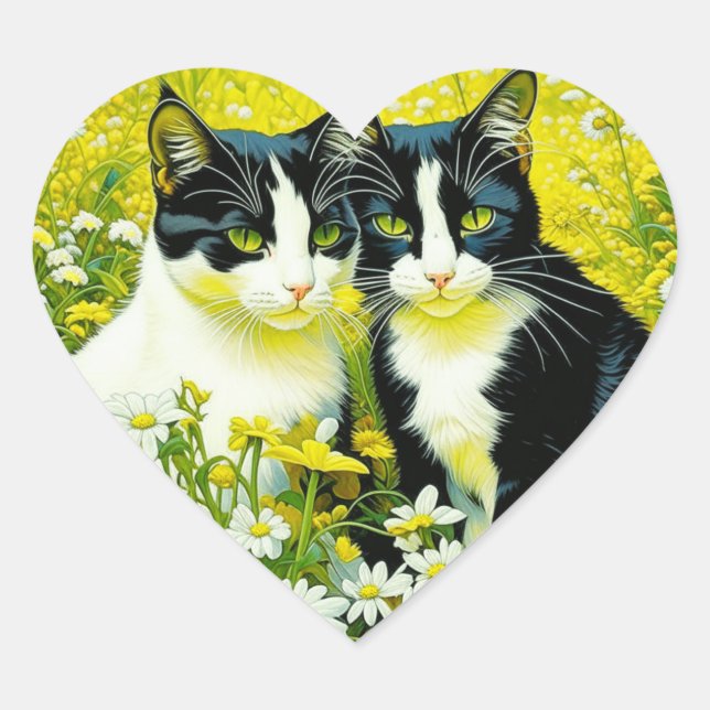 Adorable Cats sitting in a field of Daisies  Heart Sticker (Front)