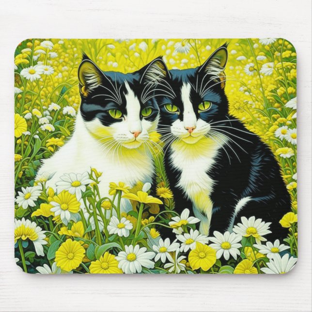 Adorable Cats sitting in a field of Daisies  Mouse Mat (Front)