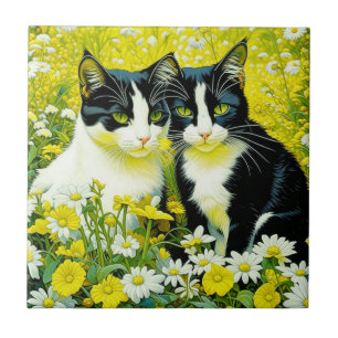 Adorable Cats sitting in a field of Daisies  Tile