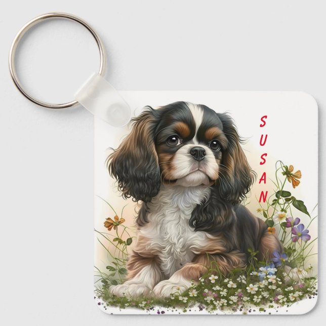 Adorable Cavalier Spaniel Puppy Dog Key Ring (Front)
