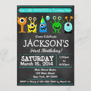 Adorable Chalkboard Monster Bash First Birthday Invitation