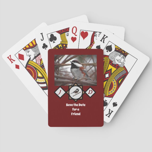 Adorable Chestnut Backed Chickadee Monogram Photo Playing Cards (Back)