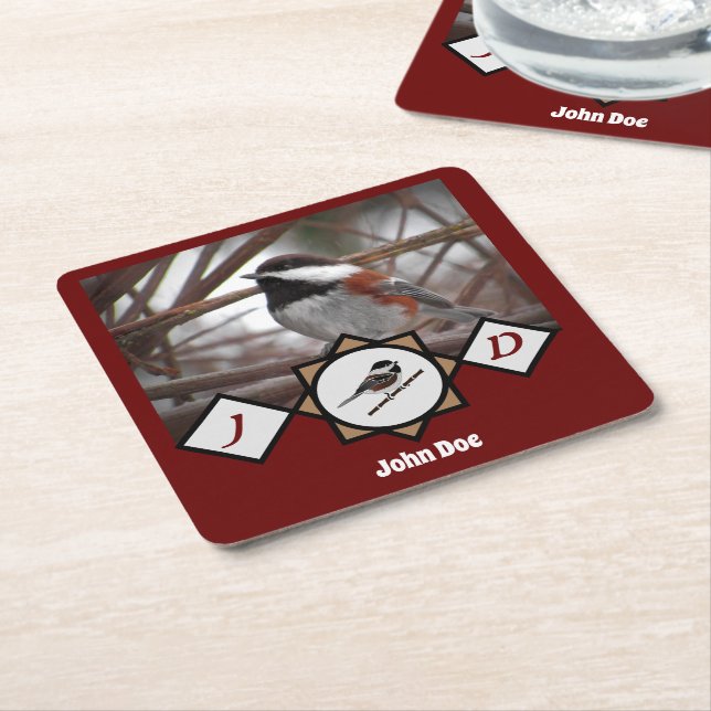 Adorable Chestnut Backed Chickadee Monogram Photo Square Paper Coaster (Angled)
