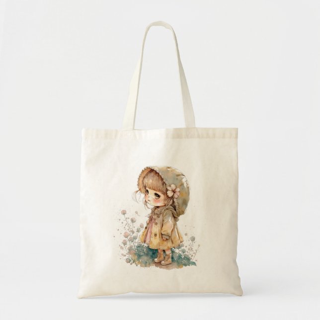 Adorable Chibi Girl in Antique Watercolour Tote (Front)
