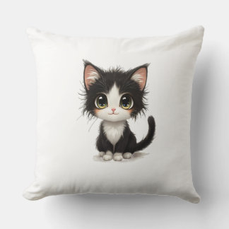 Adorable chibi kitten with fluffy black‑and‑white  cushion