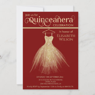 Adorable chic gold dress red Quinceañera Invitation