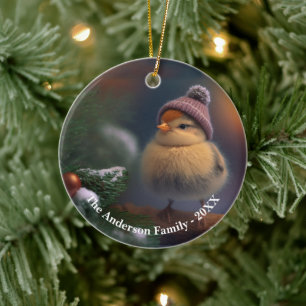 Adorable chick with a winter hat Custom Ceramic Tree Decoration
