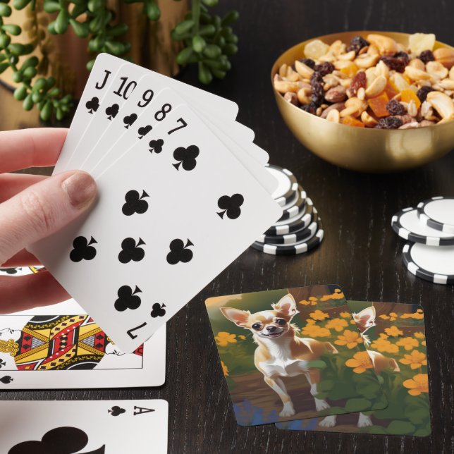 Adorable Chihuahua Dog in a Flower Patch Playing Cards (In Situ)