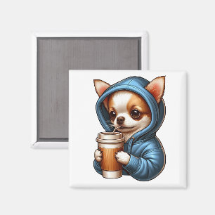 Adorable Chihuahua Drinking Coffee from Cup Magnet