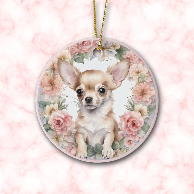Adorable Chihuahua Puppy Pink Floral Christmas Ceramic Tree Decoration (Creator Uploaded)