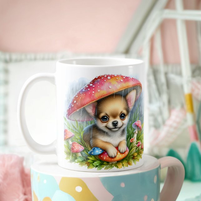 Adorable Chihuahua Puppy Under Mushroom Umbrella Coffee Mug (Creator Uploaded)