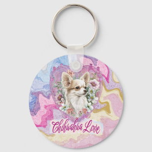Adorable Chihuahua with flowers pink theme Key Ring