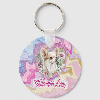 Adorable Chihuahua with flowers pink theme Key Ring