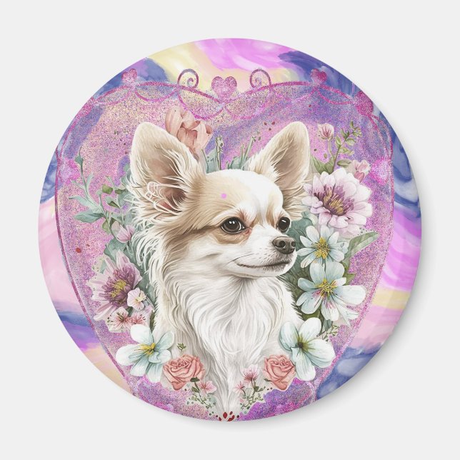 Adorable Chihuahua with flowers pink theme  Magnet (Front)