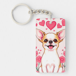 Adorable Chihuahua With Pink Hearts Key Ring