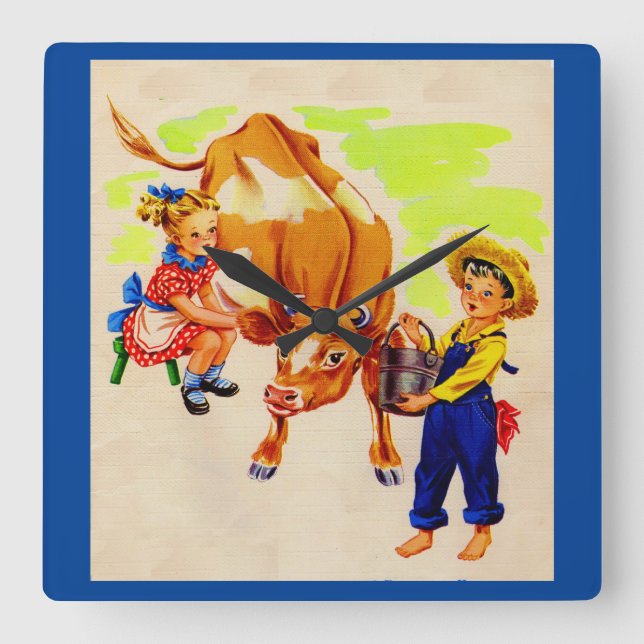 adorable children with adorable cow square wall clock (Front)