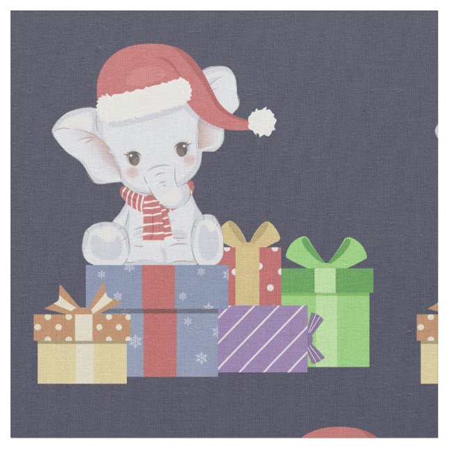 Adorable Christmas Baby Elephant  Fabric (Close Up)