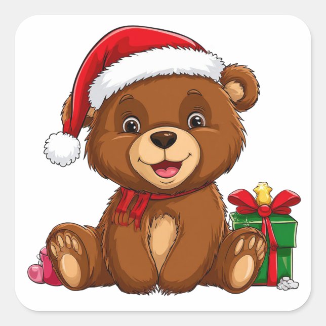 Adorable Christmas Bear With Santa Hat Square Sticker (Front)