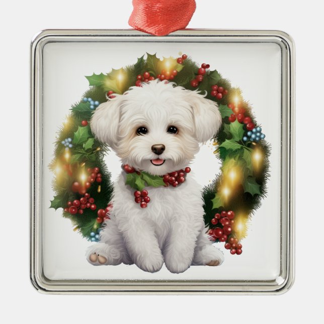 ADORABLE CHRISTMAS BICHON FRISE DOG WREATH METAL TREE DECORATION (Front)