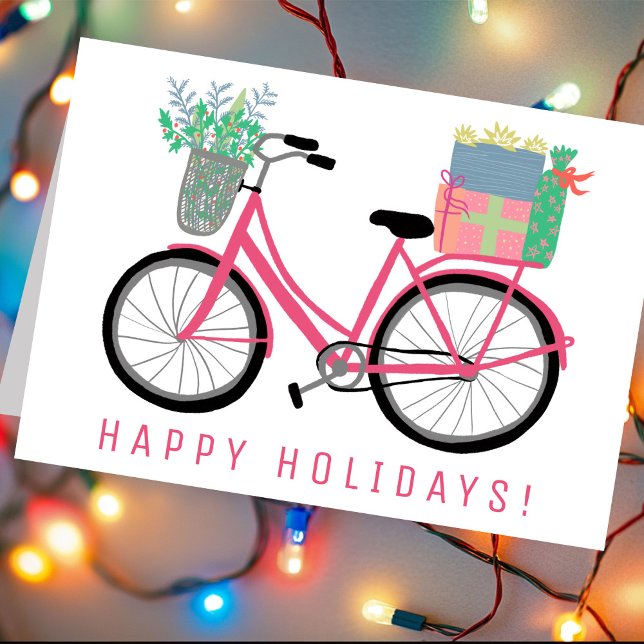 Adorable Christmas Bicycle Cute Pink Holiday Xmas Card (Adorable Christmas Bicycle Hand Drawn Cute Pink Holiday Xmas Card
)