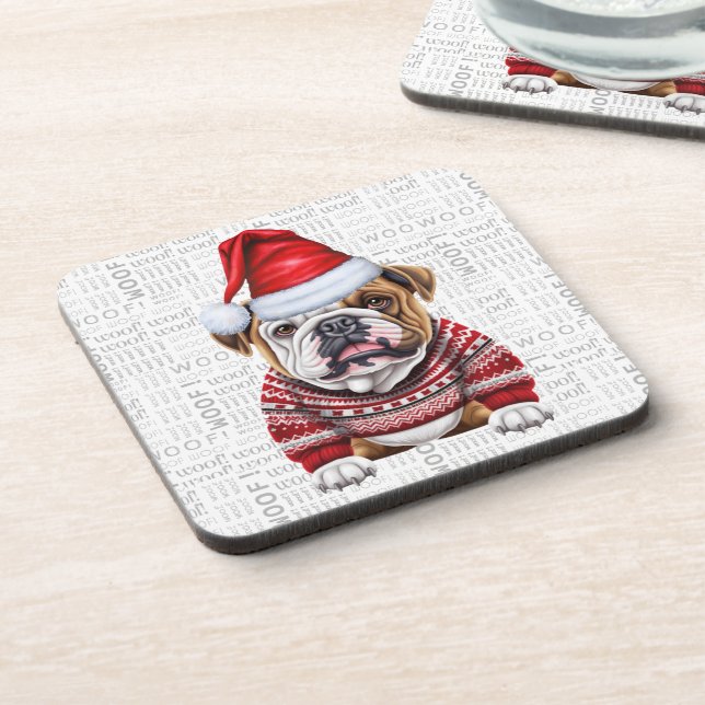 Adorable Christmas Bulldog Woof Word Art Coaster (Left Side)