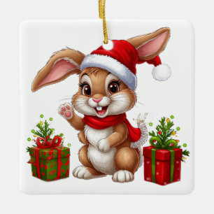 Adorable Christmas Bunny With Santa Hat Ceramic Ornament