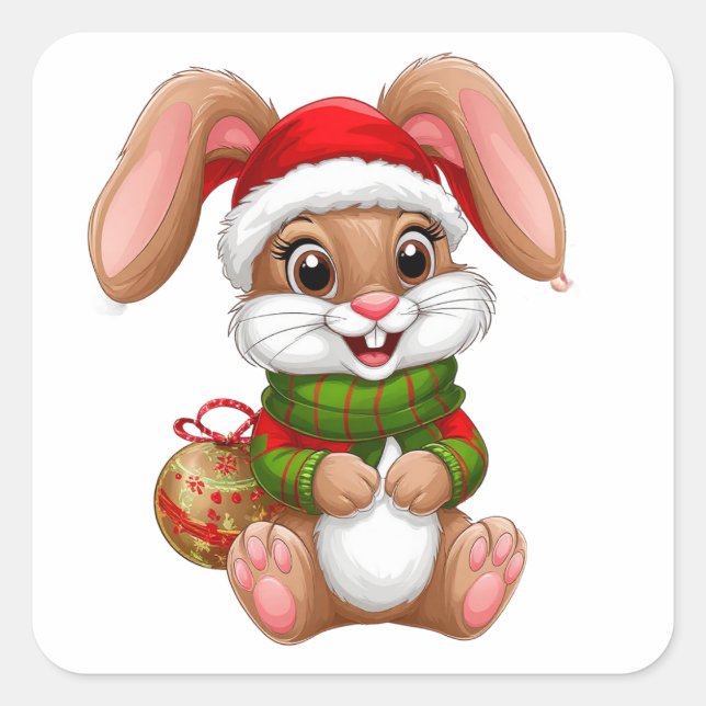 Adorable Christmas Bunny With Santa Hat Square Sticker (Front)