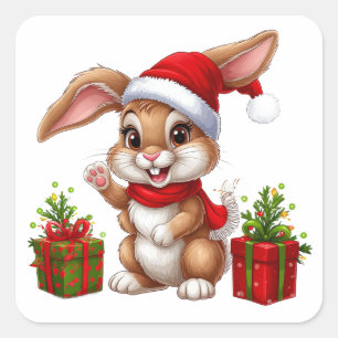 Adorable Christmas Bunny With Santa Hat Square Sticker