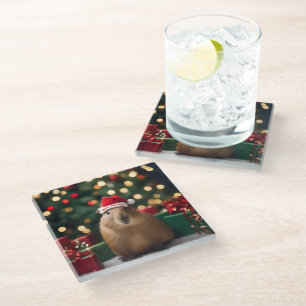 Adorable Christmas Capybara, Glass Coaster