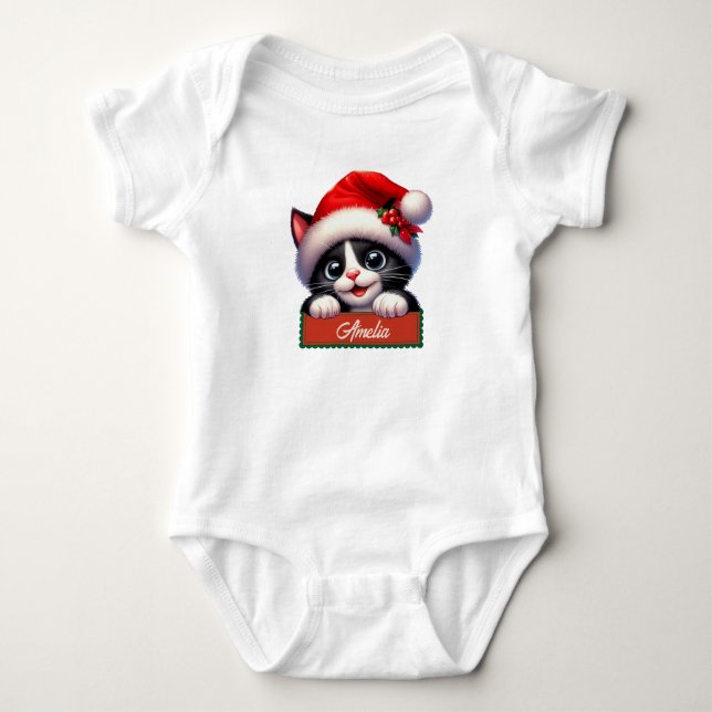 Adorable Christmas Cat Design Baby Bodysuit (Front)