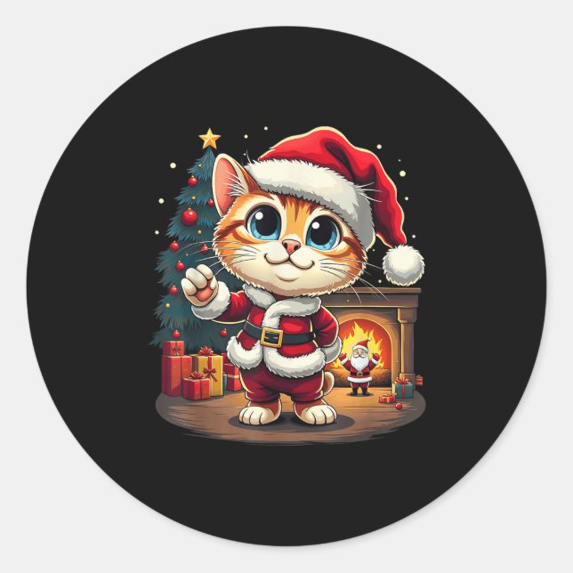 Adorable Christmas Cat Santa Claus Lovely Xmas Kit Classic Round Sticker (Front)