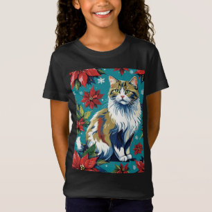 Adorable Christmas Cat With Poinsettias T-Shirt