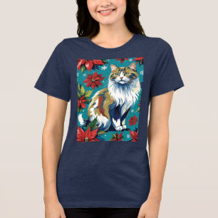 Adorable Christmas Cat With Poinsettias Tri-Blend Shirt
