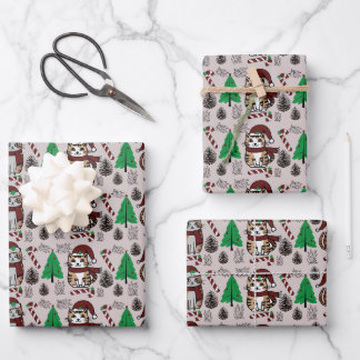 Adorable Christmas Cats with Trees Wrapping Paper Sheet